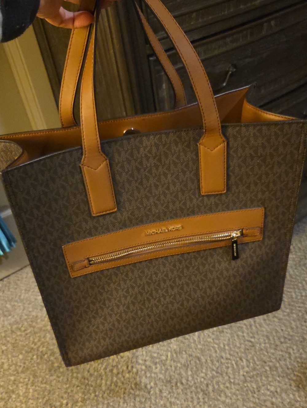 Michael Kors Brown Tote with Tan Trim and Front Zip Pocket